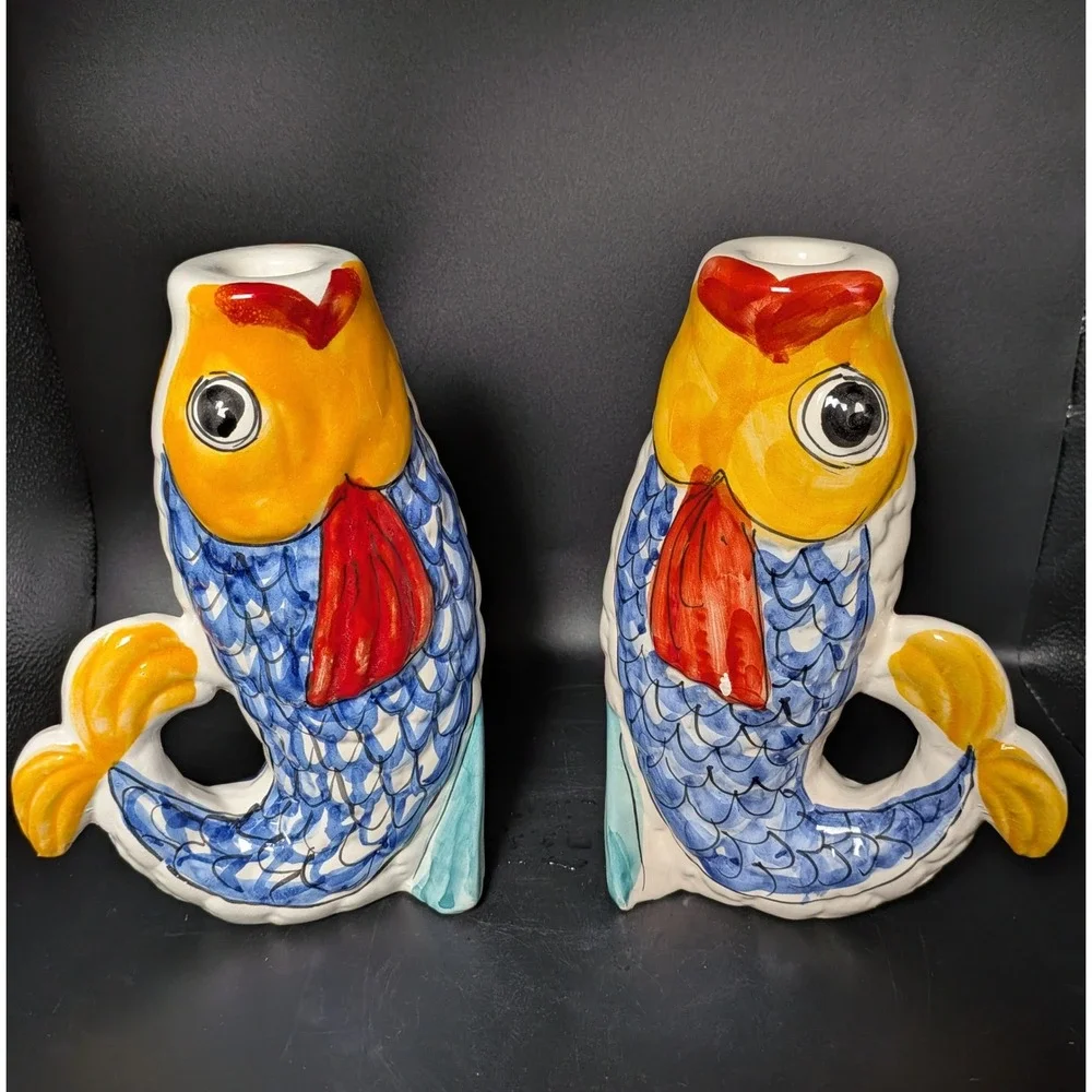 Vintage Italian Potter~Fish Candlestick Holders~Santo Stefano Di Camastra